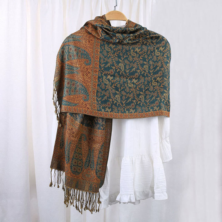 Buddha Stones Jacquard Color Contrast Patchwork Paisley Pattern Tassel Cozy Scarf Shawl