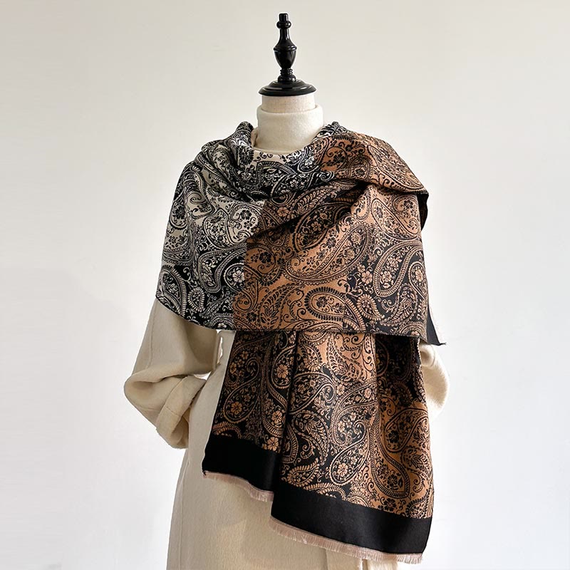 Buddha Stones Winter Thermal Color Matching Paisley Vines Pattern Tassel Cozy Scarf Shawl