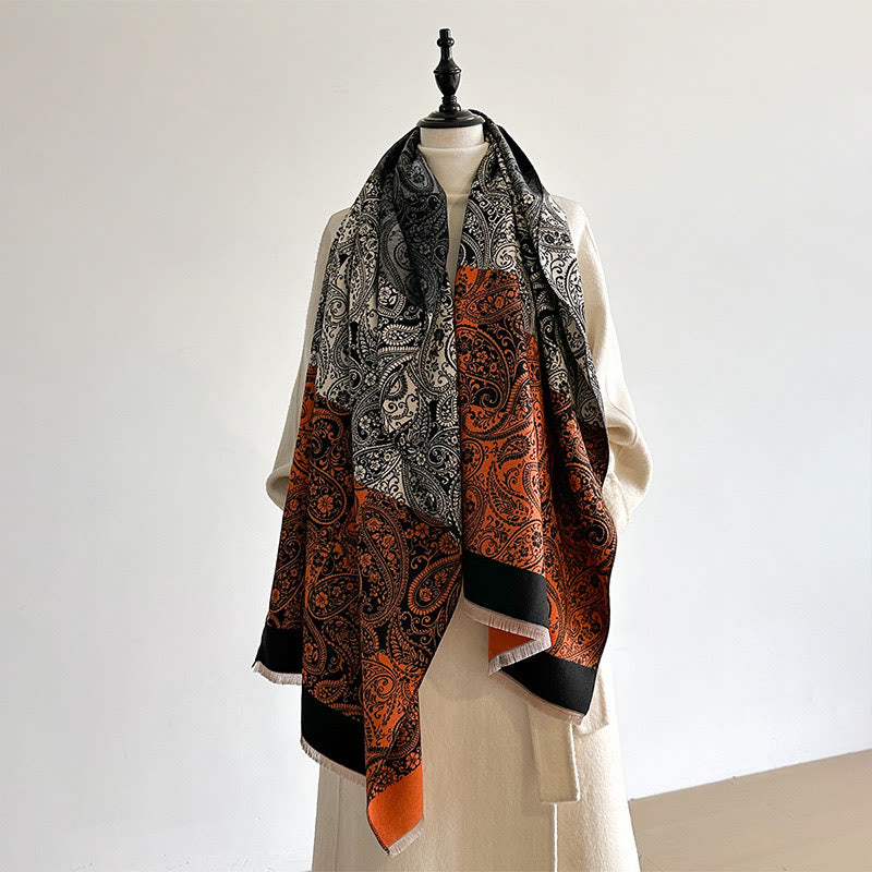 Buddha Stones Winter Thermal Color Matching Paisley Vines Pattern Tassel Cozy Scarf Shawl