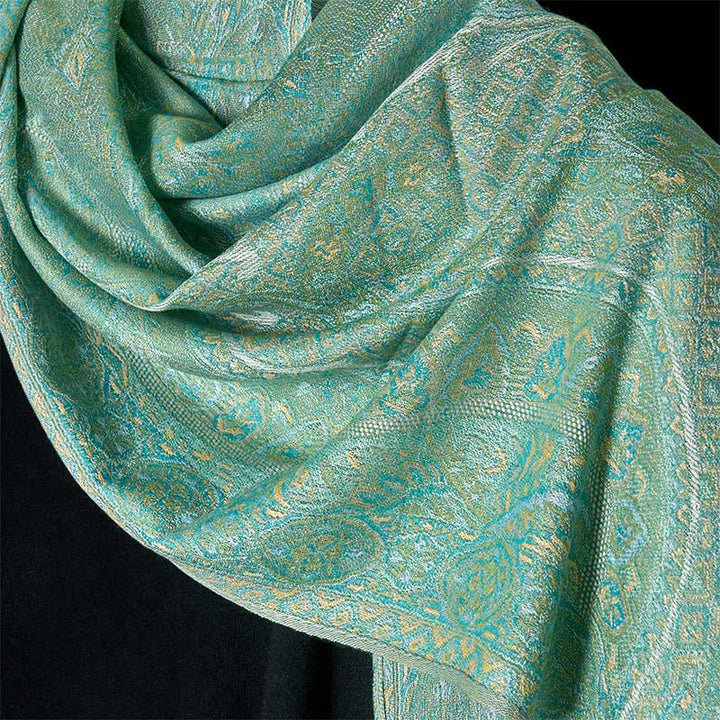 Buddha Stones Spring Green Cashew Flower Geometric Jacquard Pattern Tassel Cozy Scarf Shawl