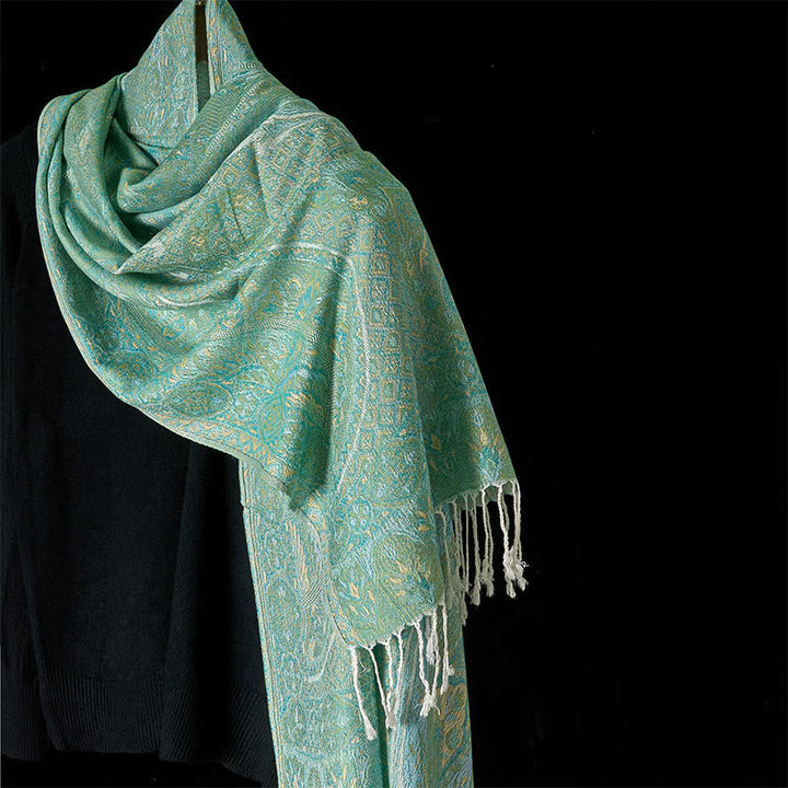 Buddha Stones Spring Green Cashew Flower Geometric Jacquard Pattern Tassel Cozy Scarf Shawl
