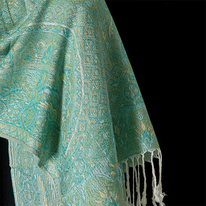 Buddha Stones Spring Green Cashew Flower Geometric Jacquard Pattern Tassel Cozy Scarf Shawl