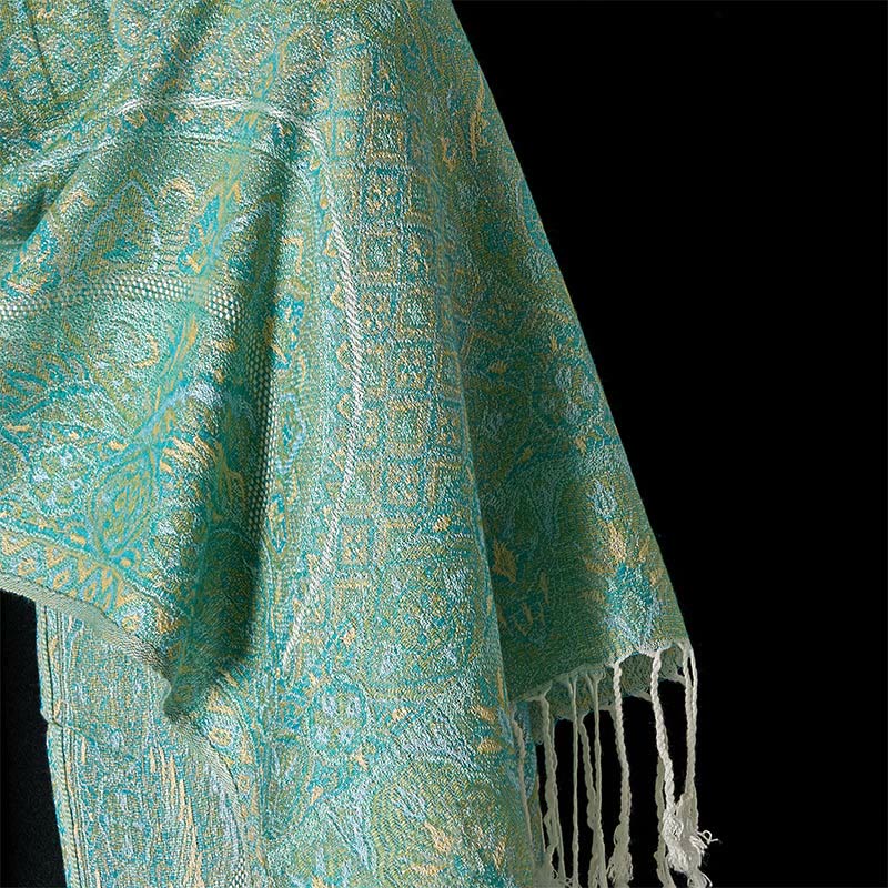 Buddha Stones Spring Green Cashew Flower Geometric Jacquard Pattern Tassel Cozy Scarf Shawl