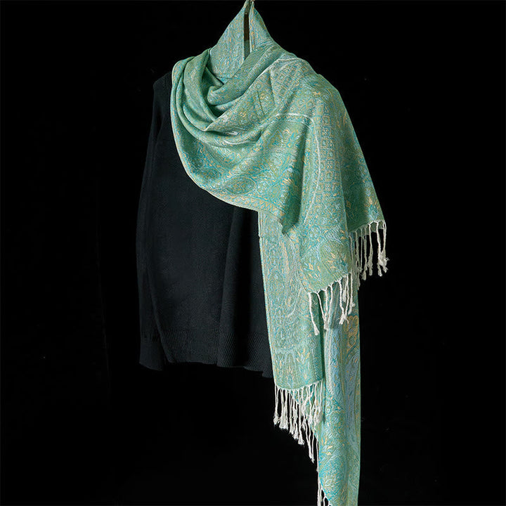 Buddha Stones Spring Green Cashew Flower Geometric Jacquard Pattern Tassel Cozy Scarf Shawl