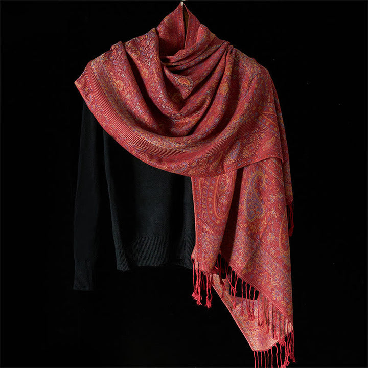 Buddha Stones Spring Red Pink Cashew Flower Geometric Stripes Pattern Tassel Cozy Scarf Shawl