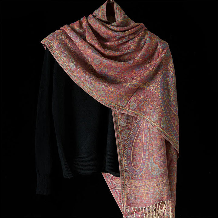 Buddha Stones Spring Red Pink Cashew Flower Geometric Stripes Pattern Tassel Cozy Scarf Shawl
