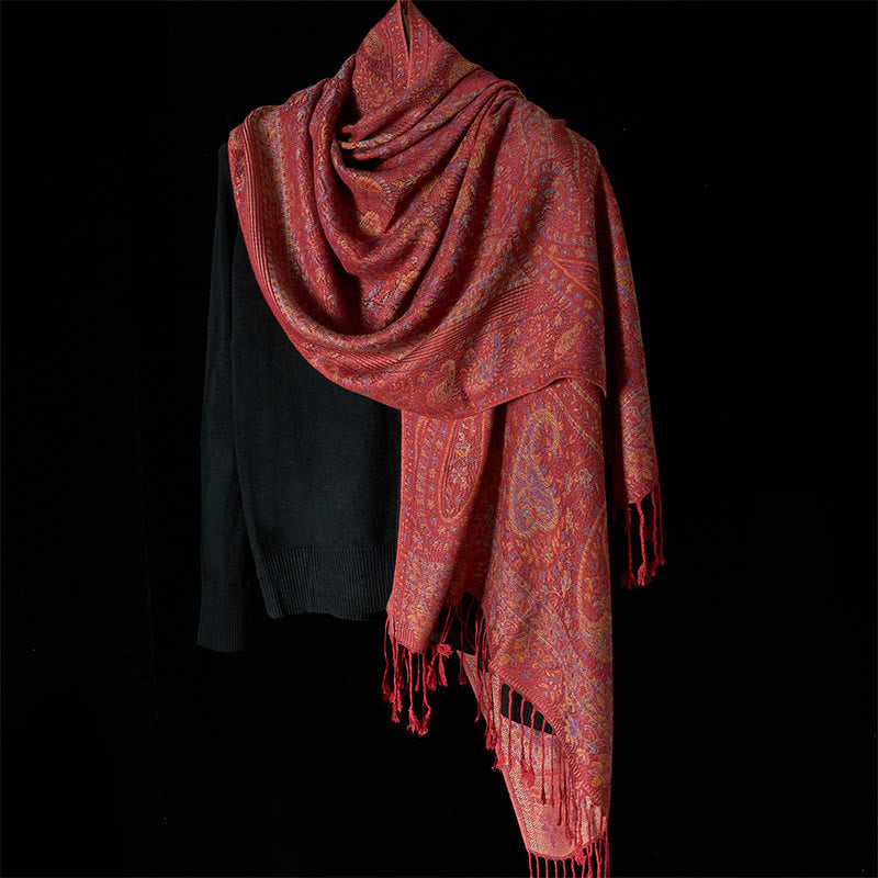 Buddha Stones Spring Red Pink Cashew Flower Geometric Stripes Pattern Tassel Cozy Scarf Shawl