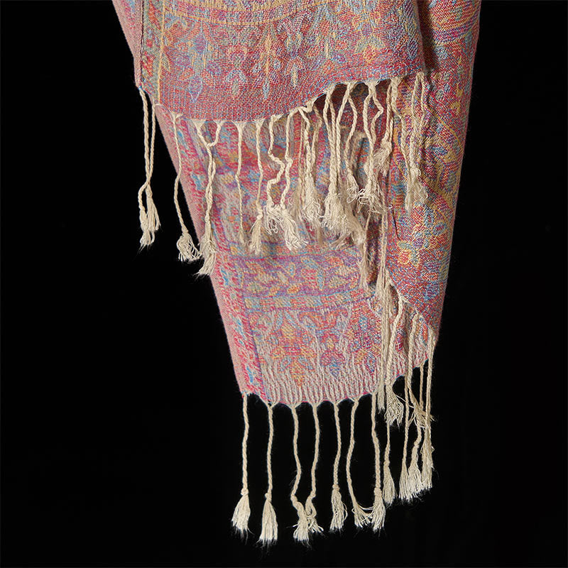 Buddha Stones Spring Red Pink Cashew Flower Geometric Stripes Pattern Tassel Cozy Scarf Shawl