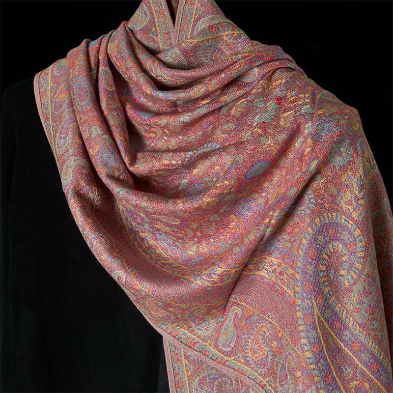 Buddha Stones Spring Red Pink Cashew Flower Geometric Stripes Pattern Tassel Cozy Scarf Shawl