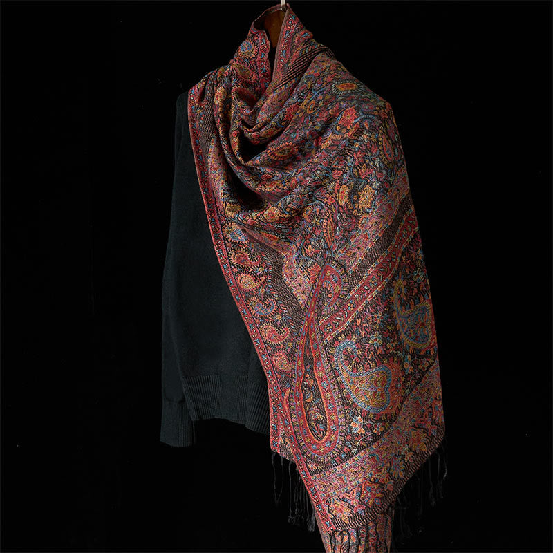 Buddha Stones Spring Brown Cashew Flower Leaves Pattern Tassel Soft Scarf Shawl
