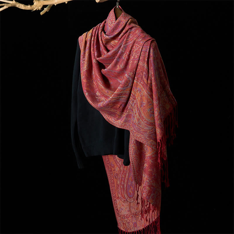 Buddha Stones Spring Cashew Flower Leaves Vines Geometric Pattern Tassel Soft Scarf Shawl