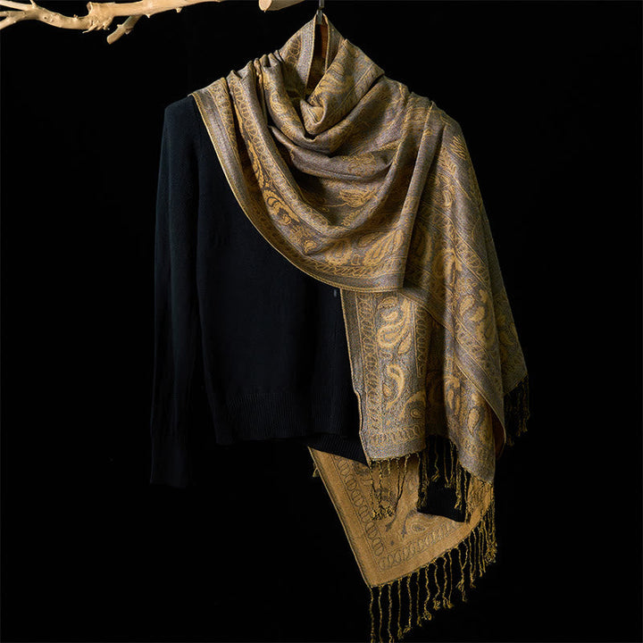 Buddha Stones Spring Dark Khaki Cashew Flower Leaves Pattern Tassel Soft Scarf Shawl