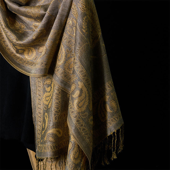 Buddha Stones Spring Dark Khaki Cashew Flower Leaves Pattern Tassel Soft Scarf Shawl