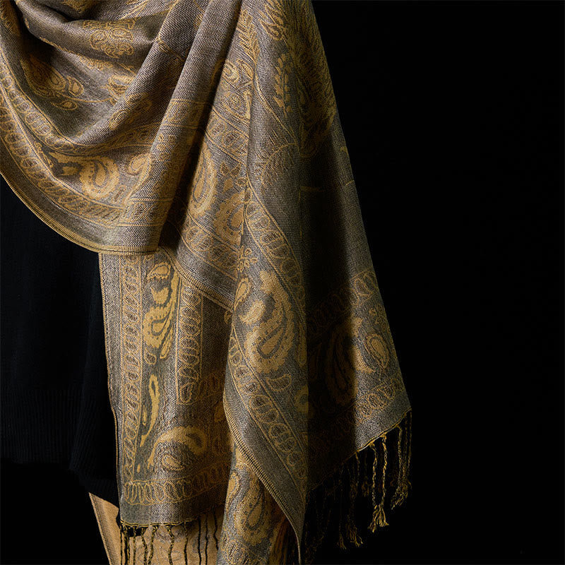 Buddha Stones Spring Dark Khaki Cashew Flower Leaves Pattern Tassel Soft Scarf Shawl