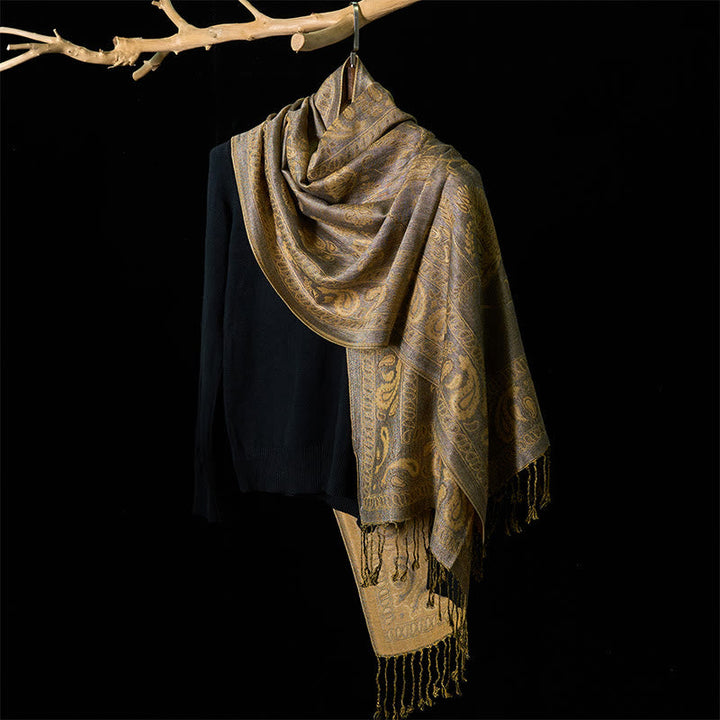 Buddha Stones Spring Dark Khaki Cashew Flower Leaves Pattern Tassel Soft Scarf Shawl