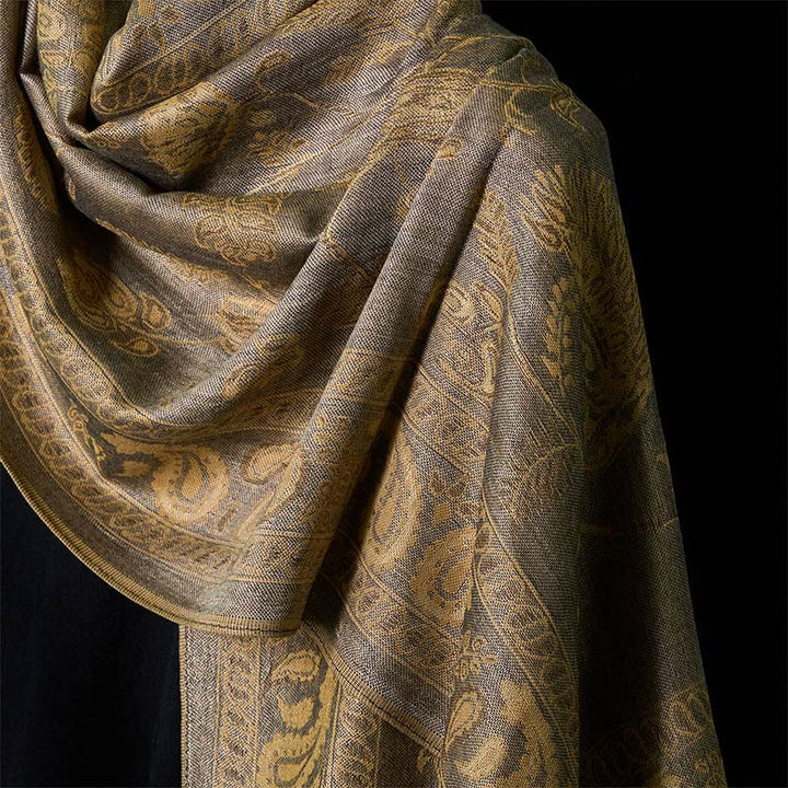Buddha Stones Spring Dark Khaki Cashew Flower Leaves Pattern Tassel Soft Scarf Shawl