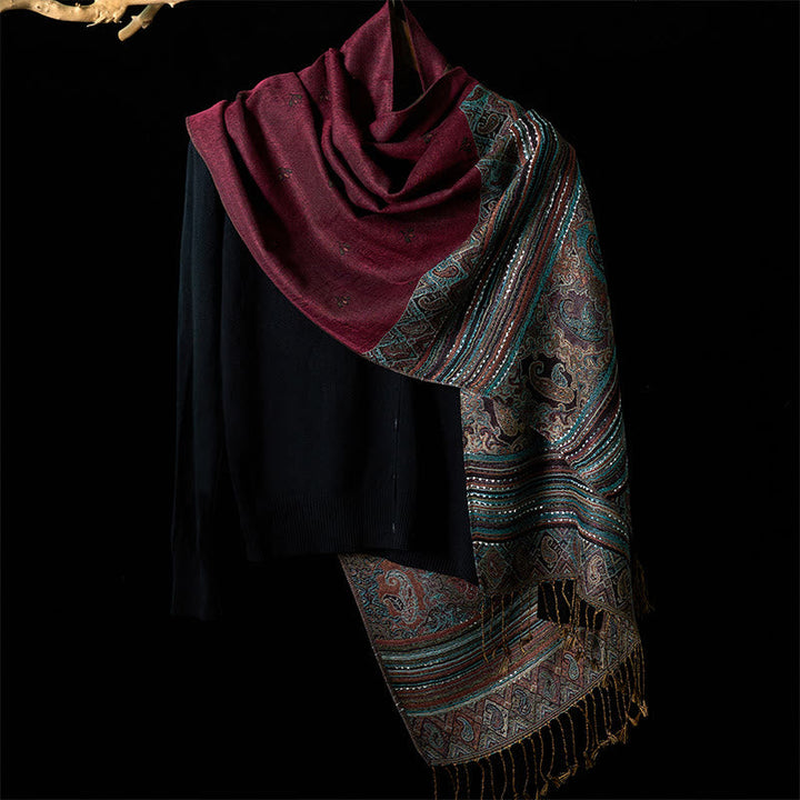 Buddha Stones Spring Cashew Flower Stripe Geometric Pattern Tassel Soft Scarf Shawl