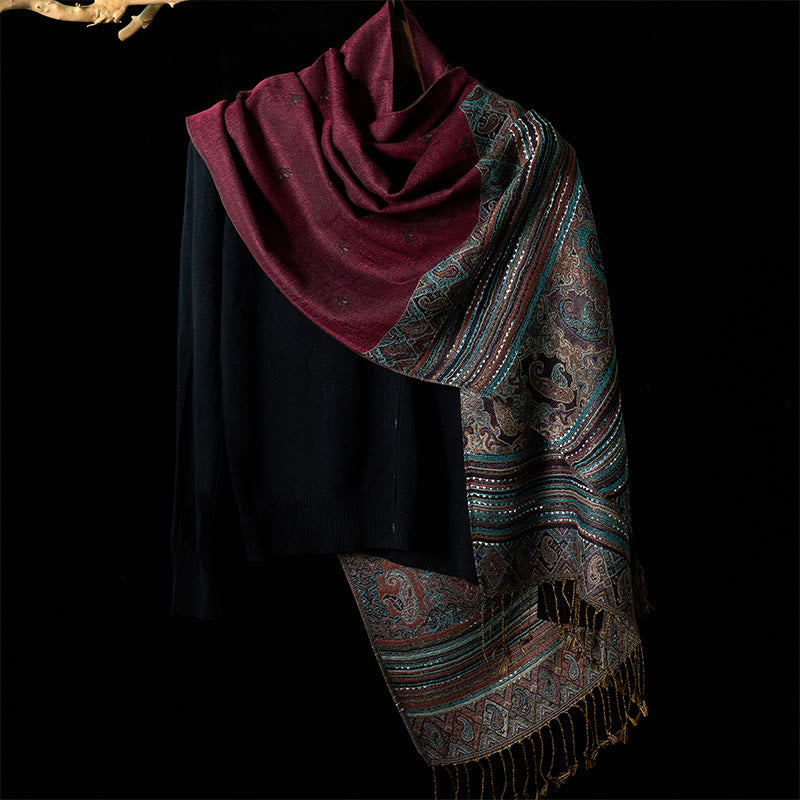 Buddha Stones Spring Cashew Flower Stripe Geometric Pattern Tassel Soft Scarf Shawl