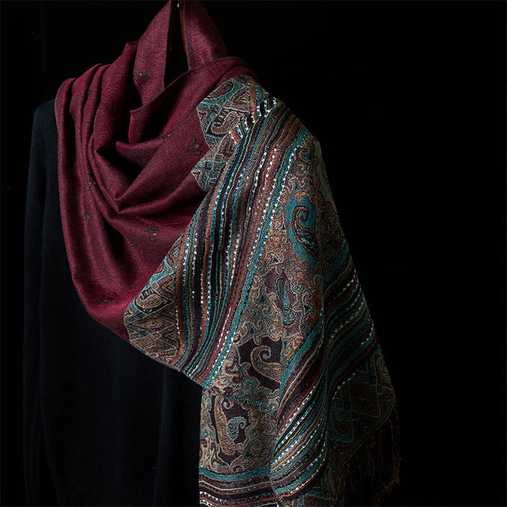 Buddha Stones Spring Cashew Flower Stripe Geometric Pattern Tassel Soft Scarf Shawl