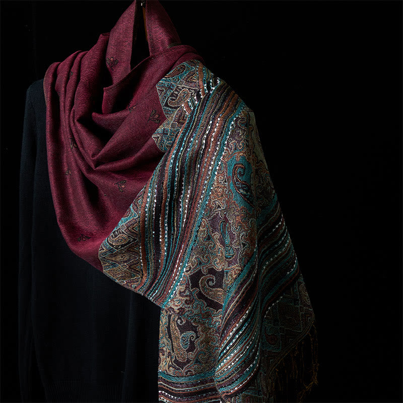 Buddha Stones Spring Cashew Flower Stripe Geometric Pattern Tassel Soft Scarf Shawl