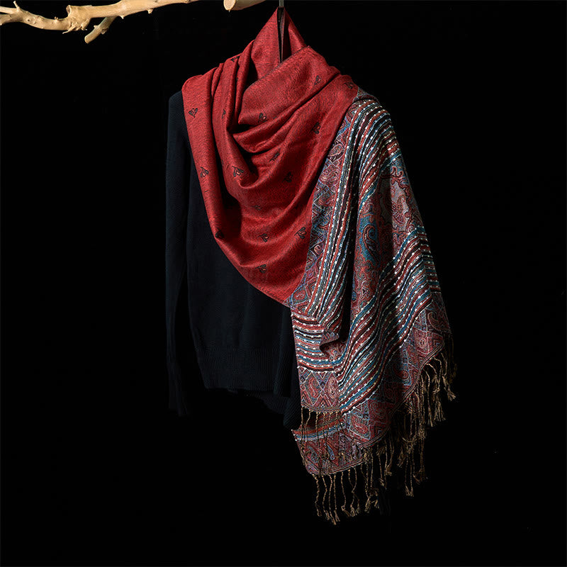 Buddha Stones Spring Cashew Flower Stripe Geometric Pattern Tassel Soft Scarf Shawl