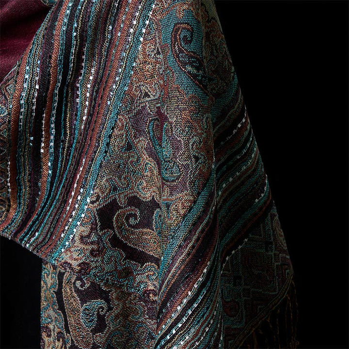 Buddha Stones Spring Cashew Flower Stripe Geometric Pattern Tassel Soft Scarf Shawl