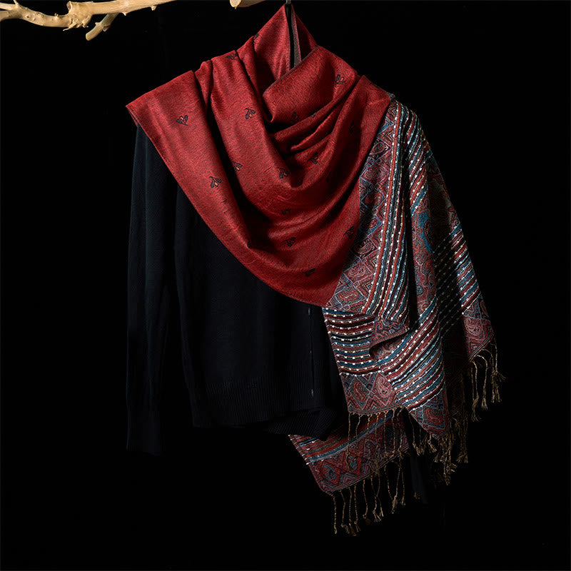 Buddha Stones Spring Cashew Flower Stripe Geometric Pattern Tassel Soft Scarf Shawl