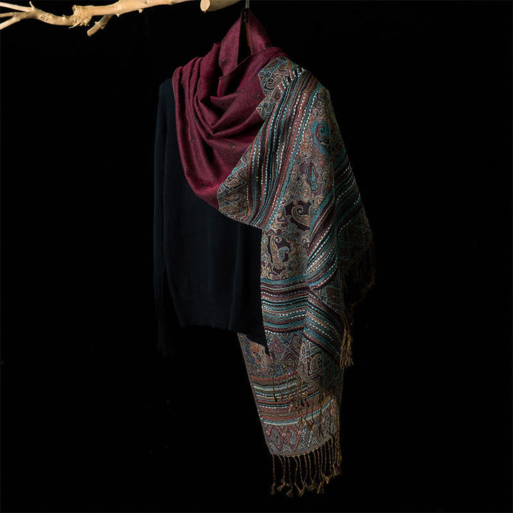Buddha Stones Spring Cashew Flower Stripe Geometric Pattern Tassel Soft Scarf Shawl