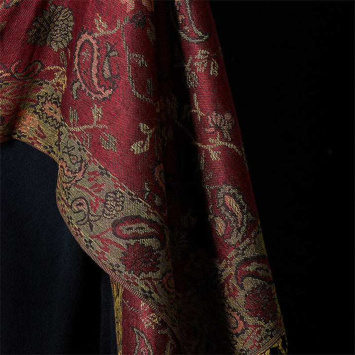 Buddha Stones Spring Dark Red Cashew Flower Floral Leaf Pattern Tassel Soft Scarf Shawl