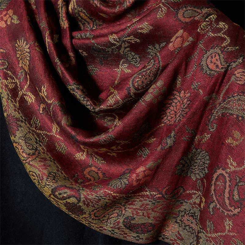 Buddha Stones Spring Dark Red Cashew Flower Floral Leaf Pattern Tassel Soft Scarf Shawl