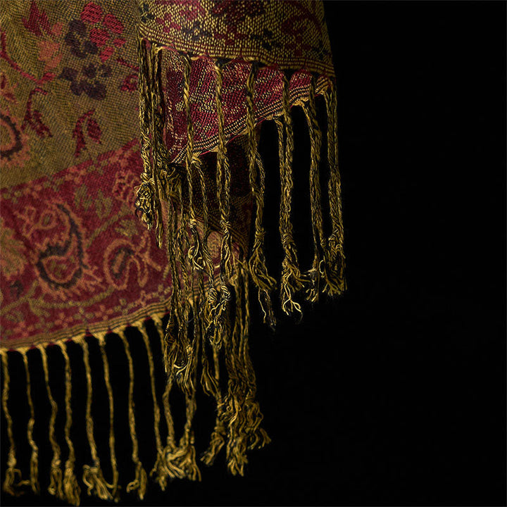 Buddha Stones Spring Dark Red Cashew Flower Floral Leaf Pattern Tassel Soft Scarf Shawl