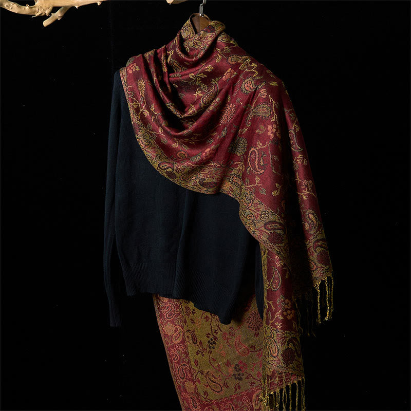 Buddha Stones Spring Dark Red Cashew Flower Floral Leaf Pattern Tassel Soft Scarf Shawl