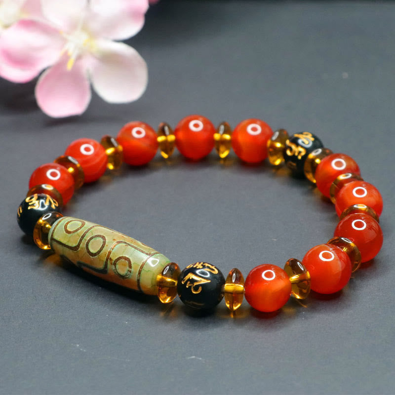 BWOOOH Red Agate Nine-eye Dzi Bead Six True Words Calm Br