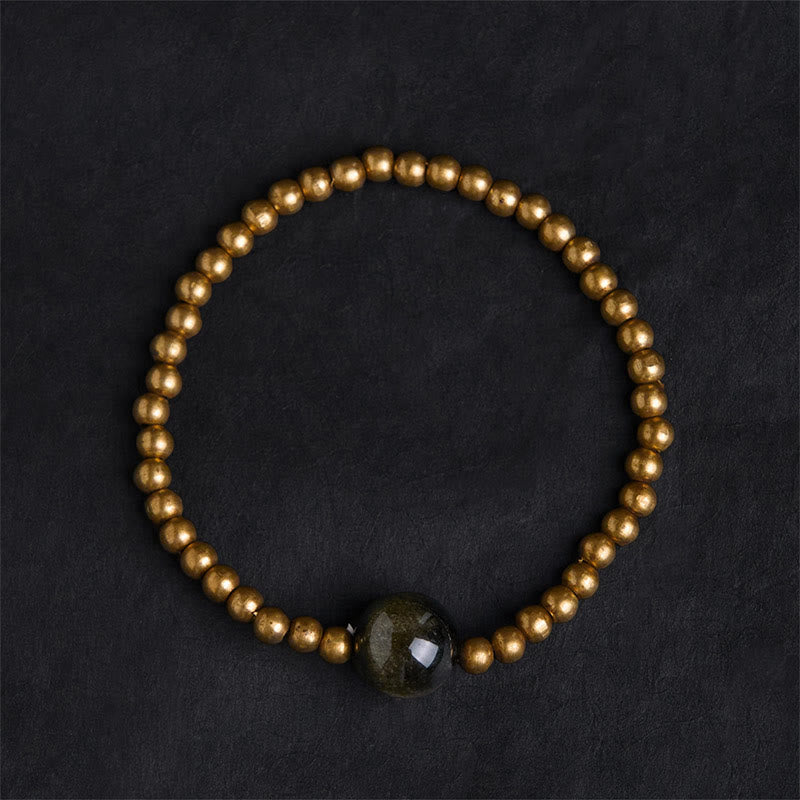 Buddha Stones Plated Copper Brass Gold Sheen Obsidian Protection Wealth Bracelet