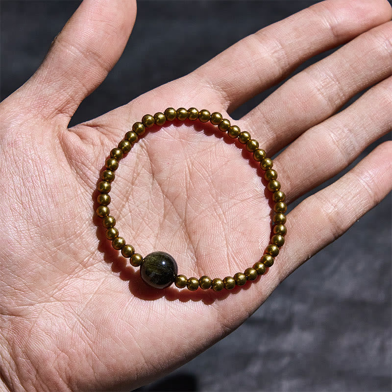 Buddha Stones Plated Copper Brass Gold Sheen Obsidian Protection Wealth Bracelet