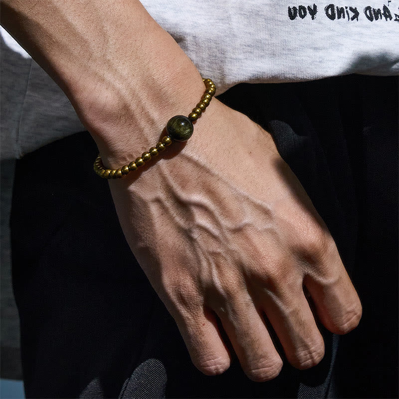 Buddha Stones Plated Copper Brass Gold Sheen Obsidian Protection Wealth Bracelet