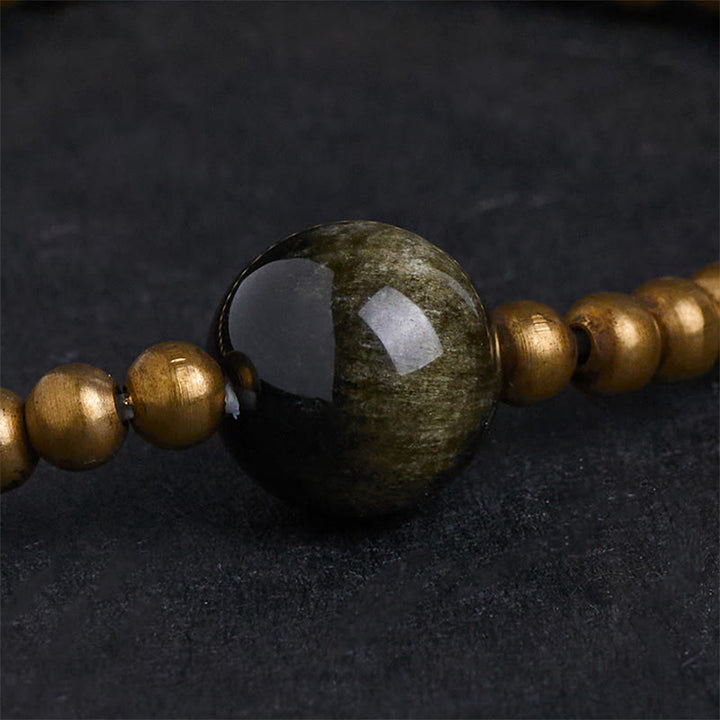 Buddha Stones Plated Copper Brass Gold Sheen Obsidian Protection Wealth Bracelet