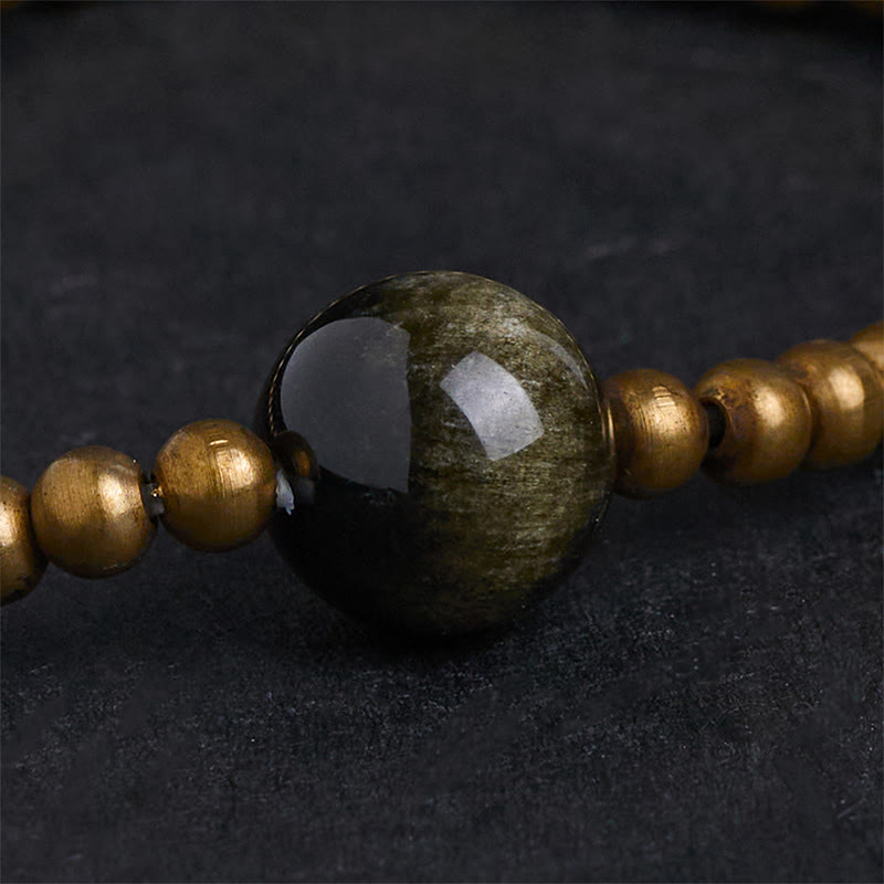 Buddha Stones Plated Copper Brass Gold Sheen Obsidian Protection Wealth Bracelet