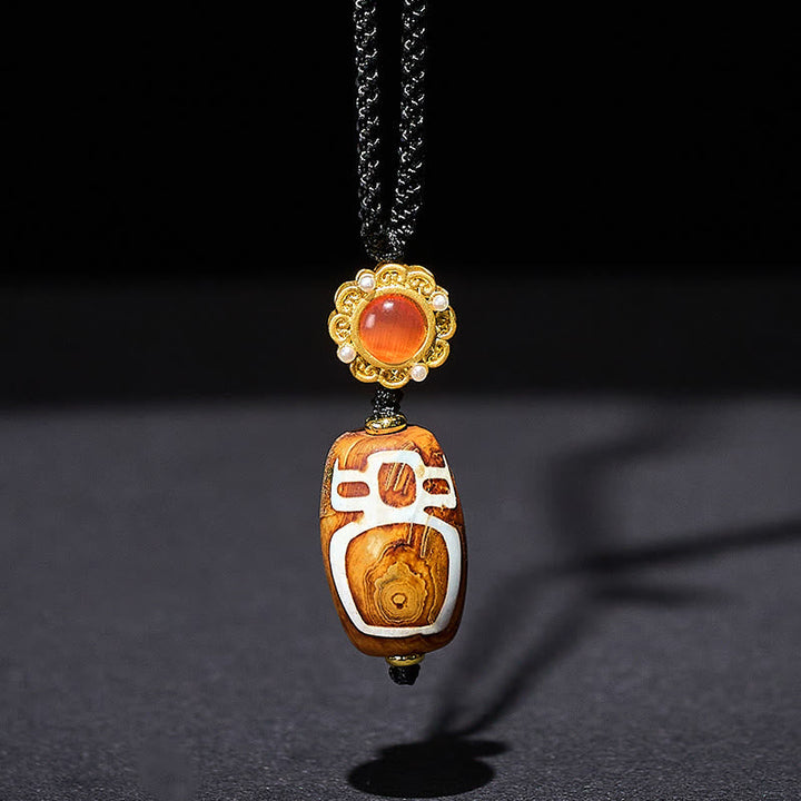 BWOOOH Tibetan Agate Carved God of Wealth Nine-eye Dzi Bead Blessing Necklace Pendant