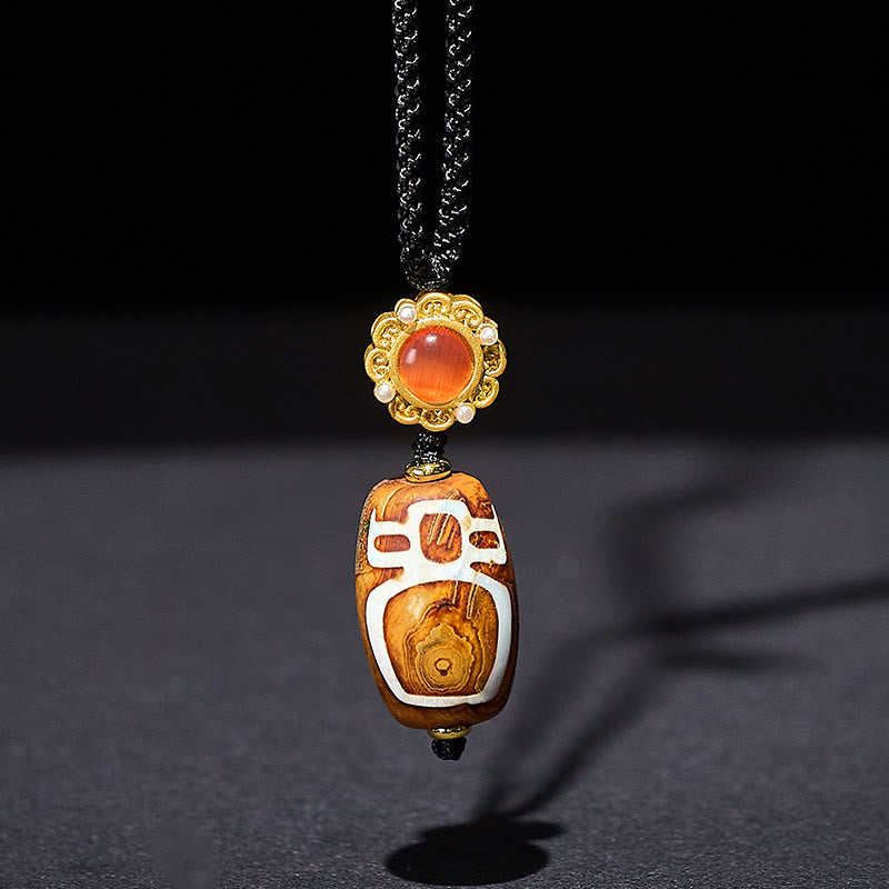 BWOOOH Tibetan Agate Carved God of Wealth Nine-eye Dzi Bead Blessing Necklace Pendant