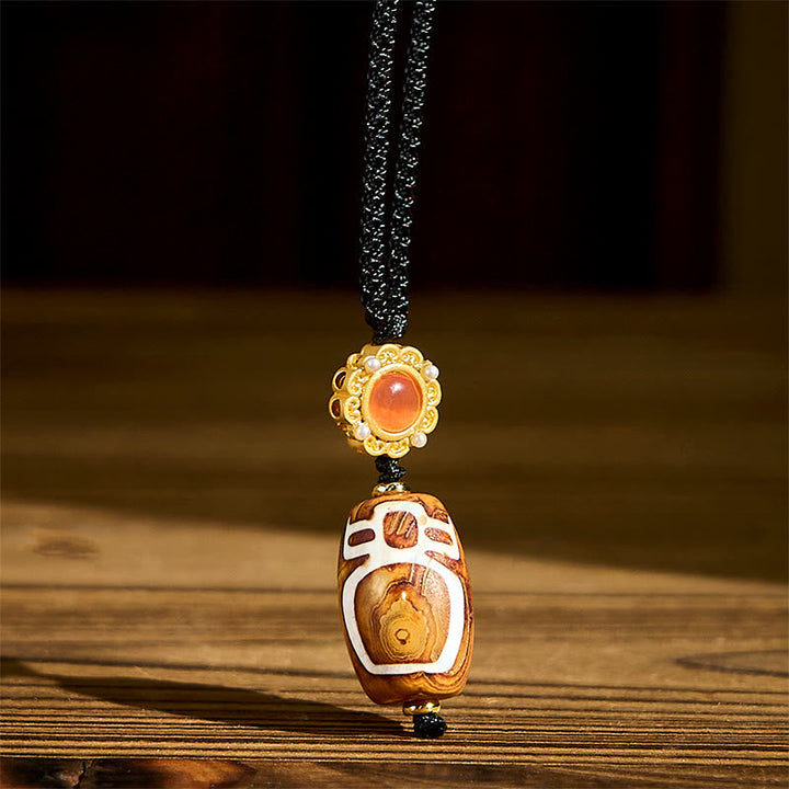 BWOOOH Tibetan Agate Carved God of Wealth Nine-eye Dzi Bead Blessing Necklace Pendant