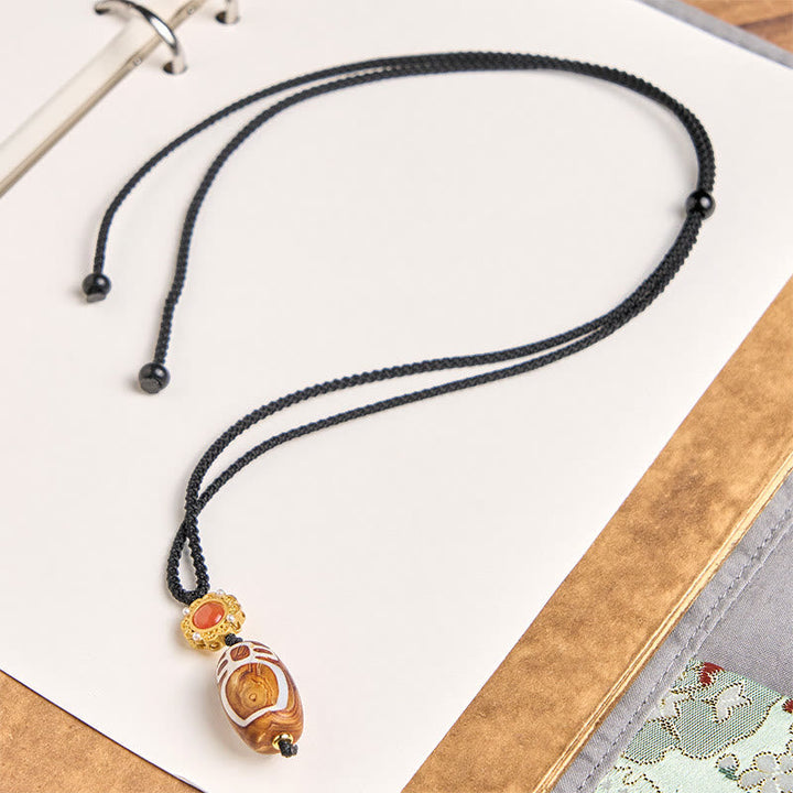 BWOOOH Tibetan Agate Carved God of Wealth Nine-eye Dzi Bead Blessing Necklace Pendant