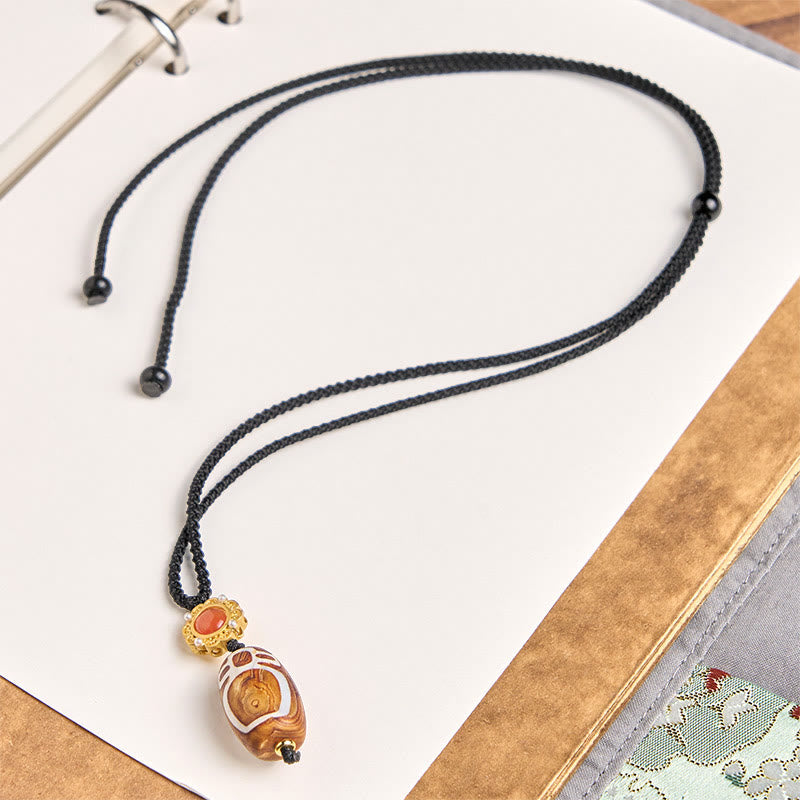 BWOOOH Tibetan Agate Carved God of Wealth Nine-eye Dzi Bead Blessing Necklace Pendant