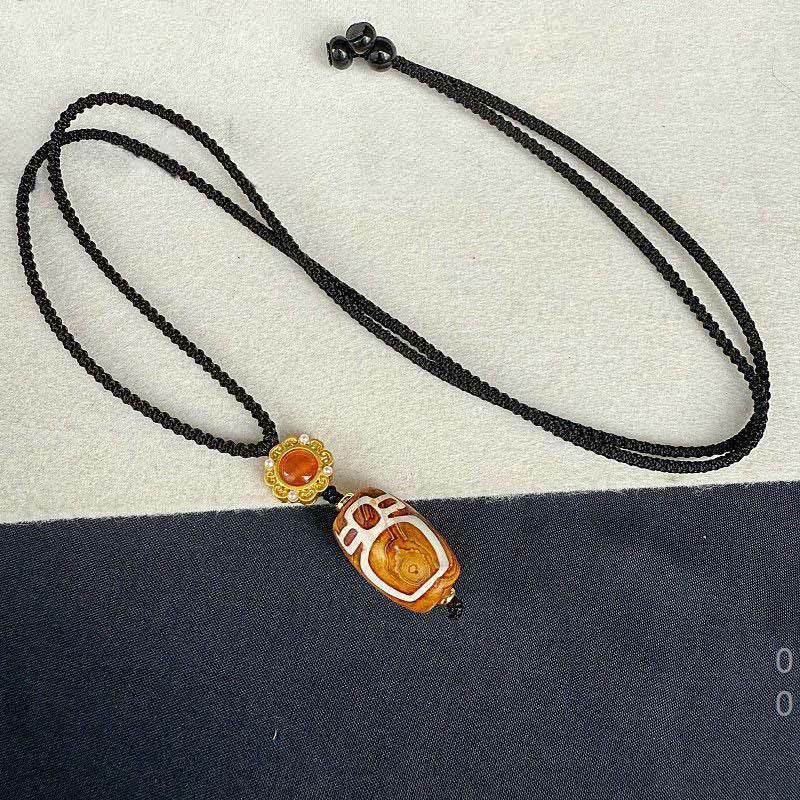 BWOOOH Tibetan Agate Carved God of Wealth Nine-eye Dzi Bead Blessing Necklace Pendant
