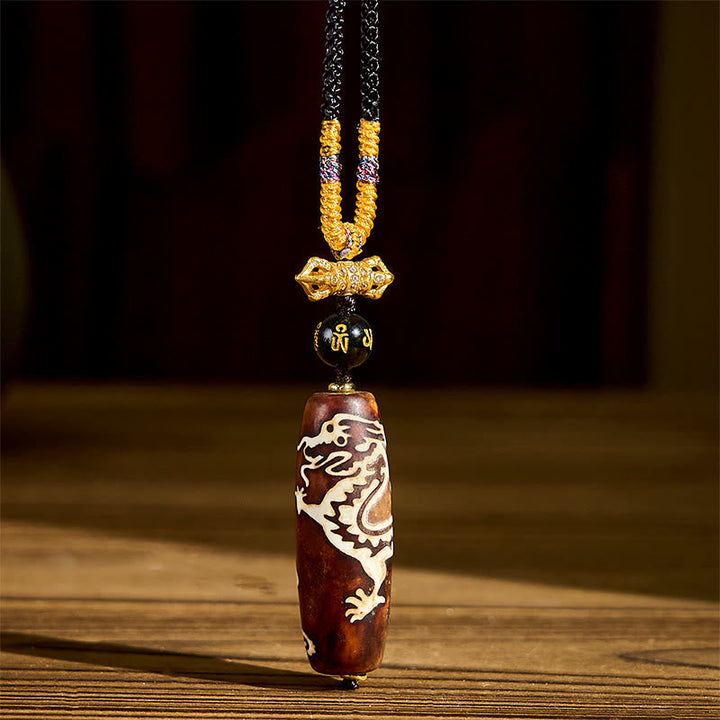 BWOOOH Tibetan Agate Dragon Pattern Nine-eye Dzi Protection Necklace Pendant