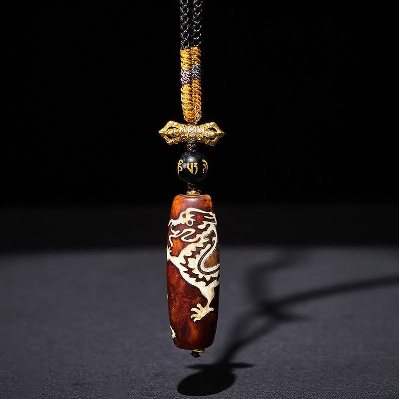 BWOOOH Tibetan Agate Dragon Pattern Nine-eye Dzi Protection Necklace Pendant