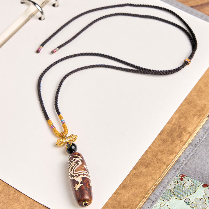 BWOOOH Tibetan Agate Dragon Pattern Nine-eye Dzi Protection Necklace Pendant