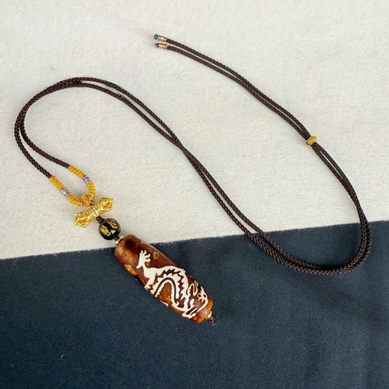 BWOOOH Tibetan Agate Dragon Pattern Nine-eye Dzi Protection Necklace Pendant