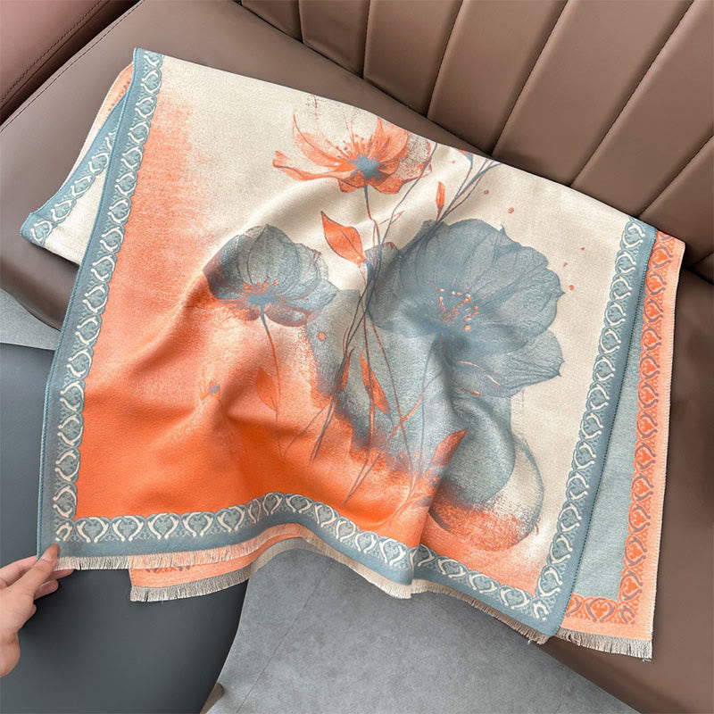 Buddha Stones Winter Ink Painting Lotus Flowers Leaves Pattern Soft Scarf Shawl