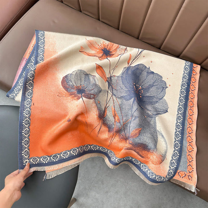 Buddha Stones Winter Ink Painting Lotus Flowers Leaves Pattern Soft Scarf Shawl